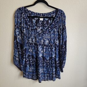 Bila BoHo Navy Blue Patterned Peasant Pleated 3/4 Bell Sleeve Blouse Ladie's XL.